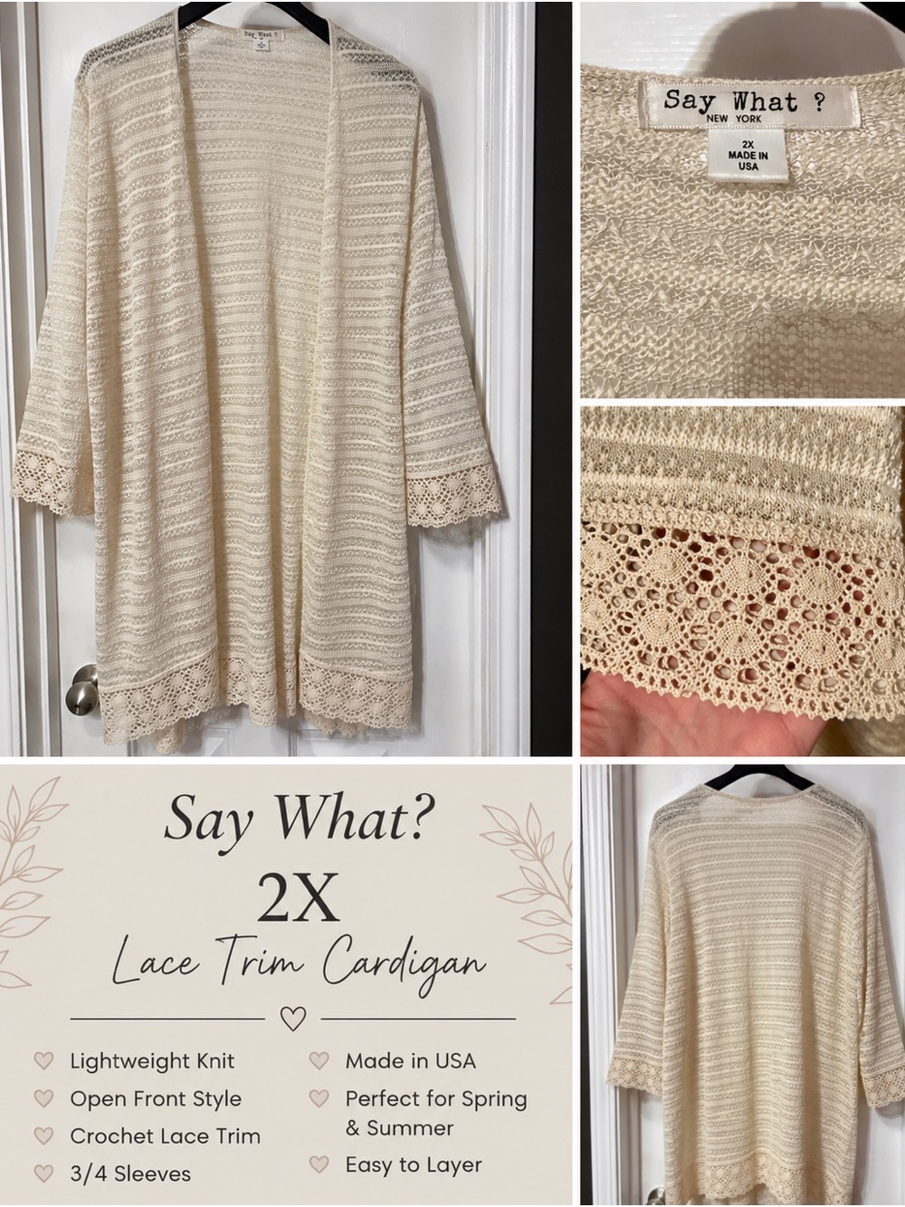 Say What? Cream Lace Trim Open-Front Cardigan